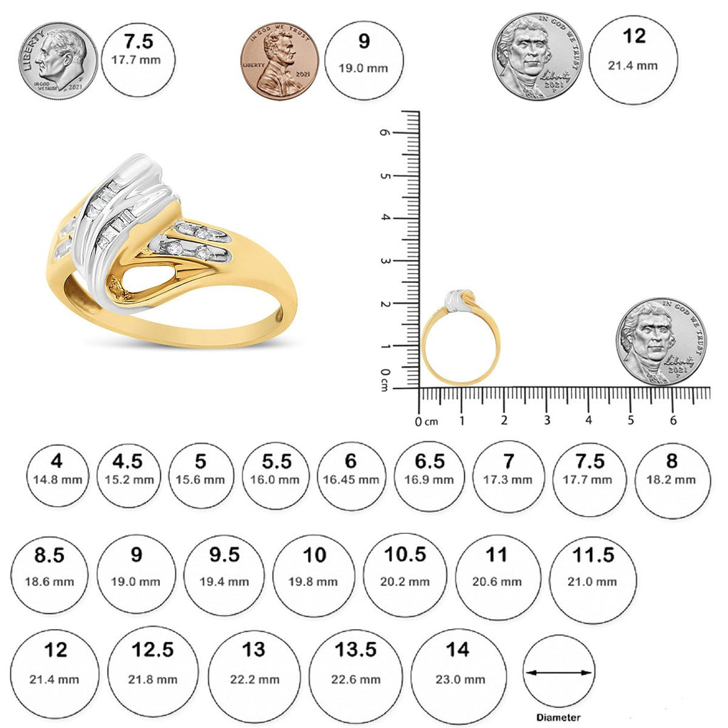 10K Yellow and White Gold 1/10 Cttw Baguette and Round-Cut Diamond Bypass Ring (I2 Color, H-I Clarity)