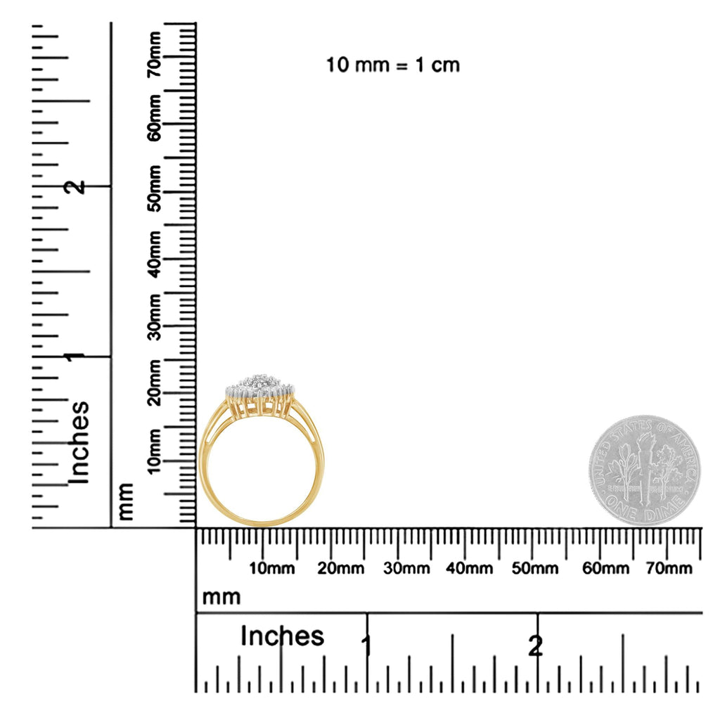 10K Yellow Gold 1/2 Cttw Round & Baguette Cut Diamond Pear Shaped Domed Pavé Cluster with Halo Cocktail Ring (J-K Color, I1-I2 Clarity)