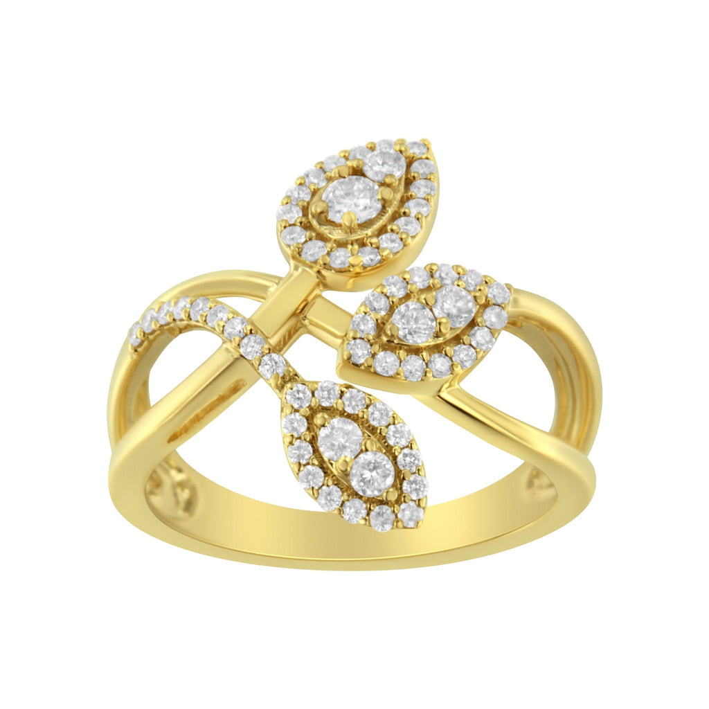 10K Yellow Gold 1/2 Cttw Round-Cut Diamond Layered Crossover Triple Leaf Bypass Ring (I-J Color, I1-I2 Clarity)