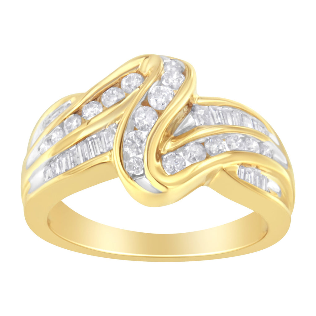 10K Yellow Gold 3/4 Cttw Channel Set Round and Baguette-cut Diamond Double Shank Bypass Ring (J-K Color, I1-I2 Clarity)