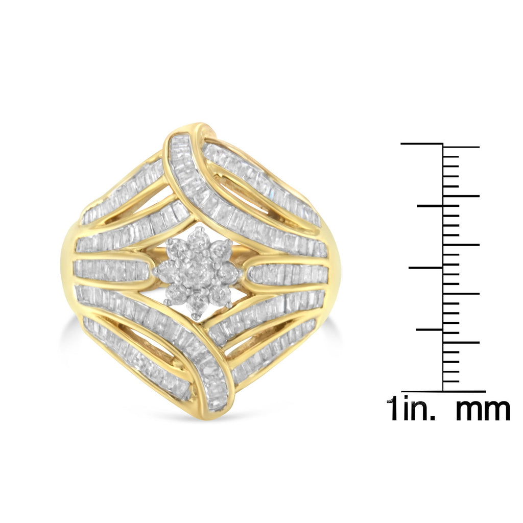 10K Yellow Gold Flashed .925 Sterling Silver 1-1/8 Cttw Round & Baguette Diamond 'Flower & Fern' Cluster Cocktail Fashion Ring (I-J Color, I2-I3 Clarity)