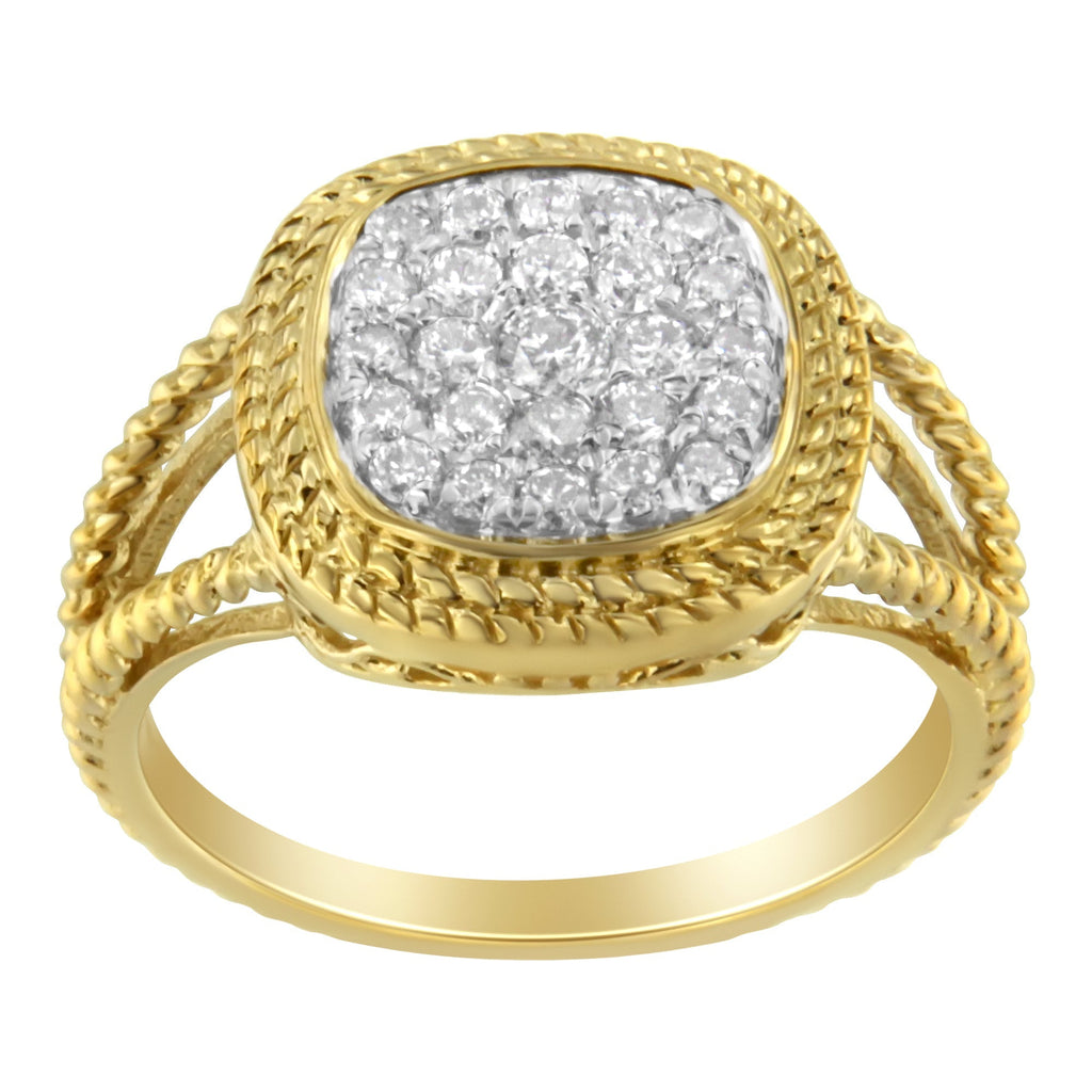 10K Yellow Gold Plated .925 Sterling Silver 1/2 Cttw Diamond Square Cushion Cluster Split Shank Cocktail Ring (J-K Color, I2-I3 Clarity)