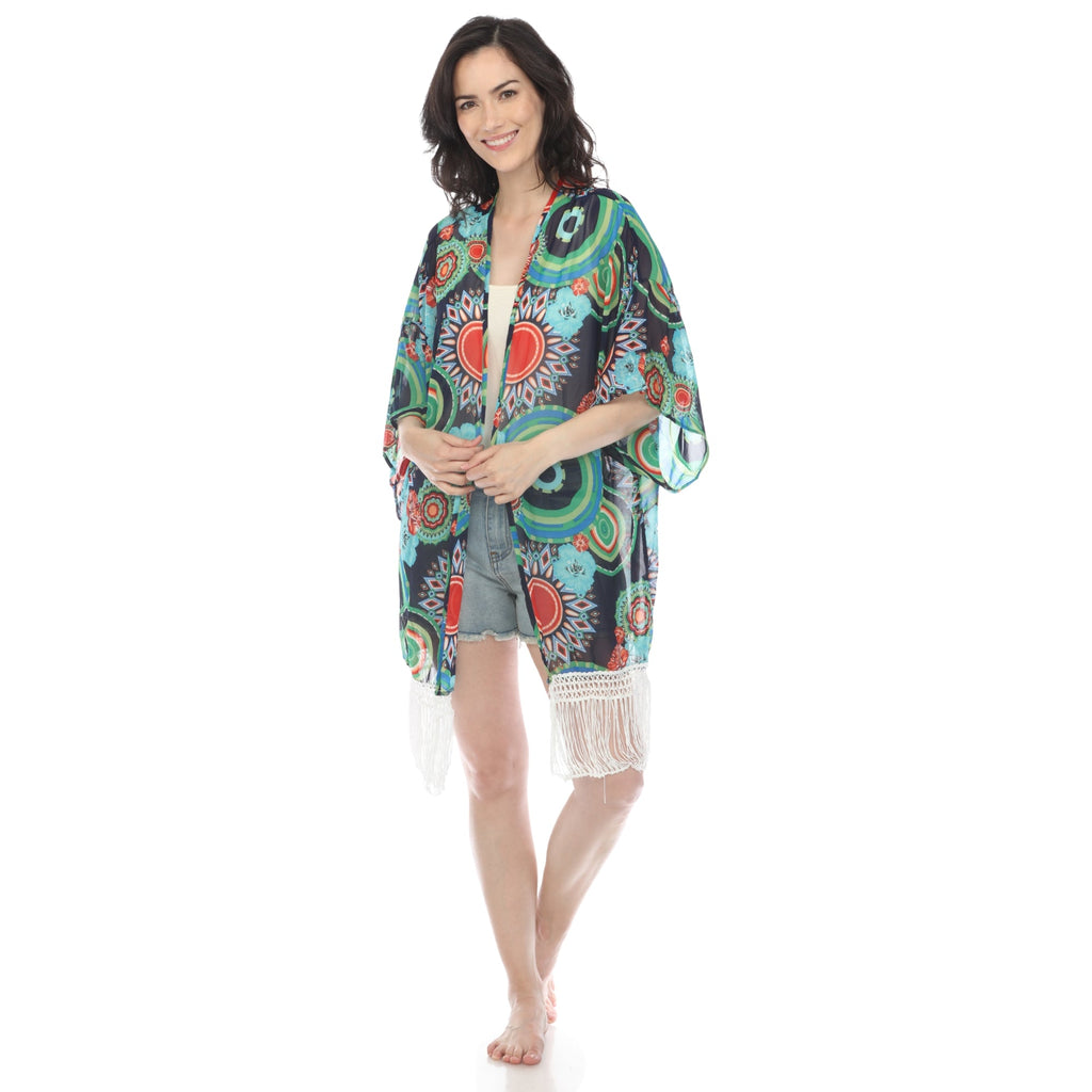 White Mark Women's Sheer Fringe Kimono