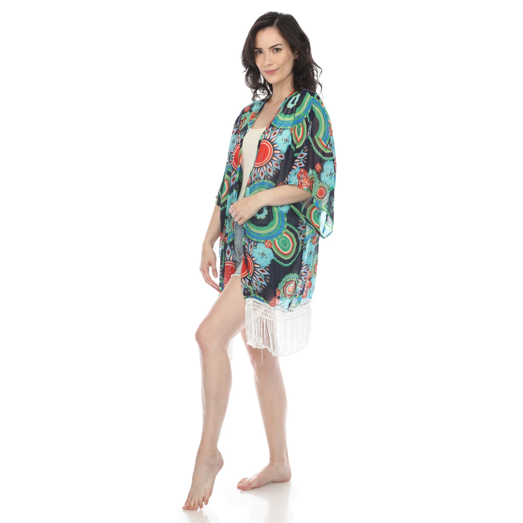 White Mark Women's Sheer Fringe Kimono