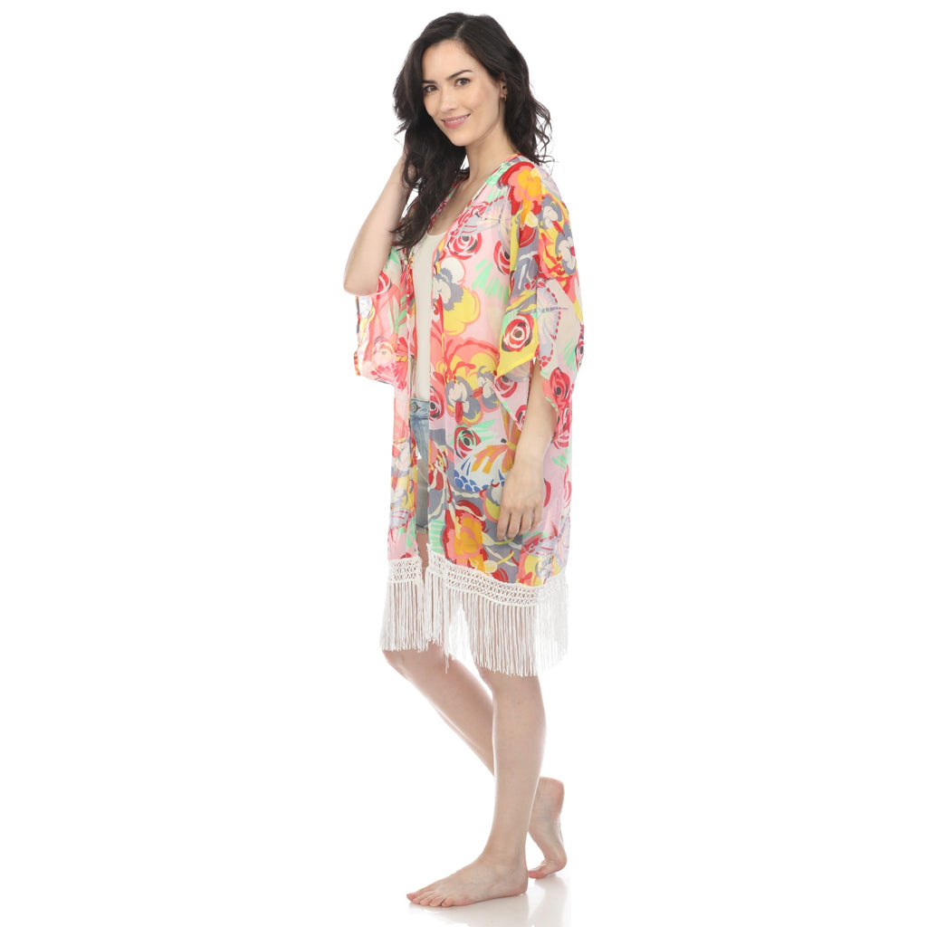 White Mark Women's Sheer Fringe Kimono