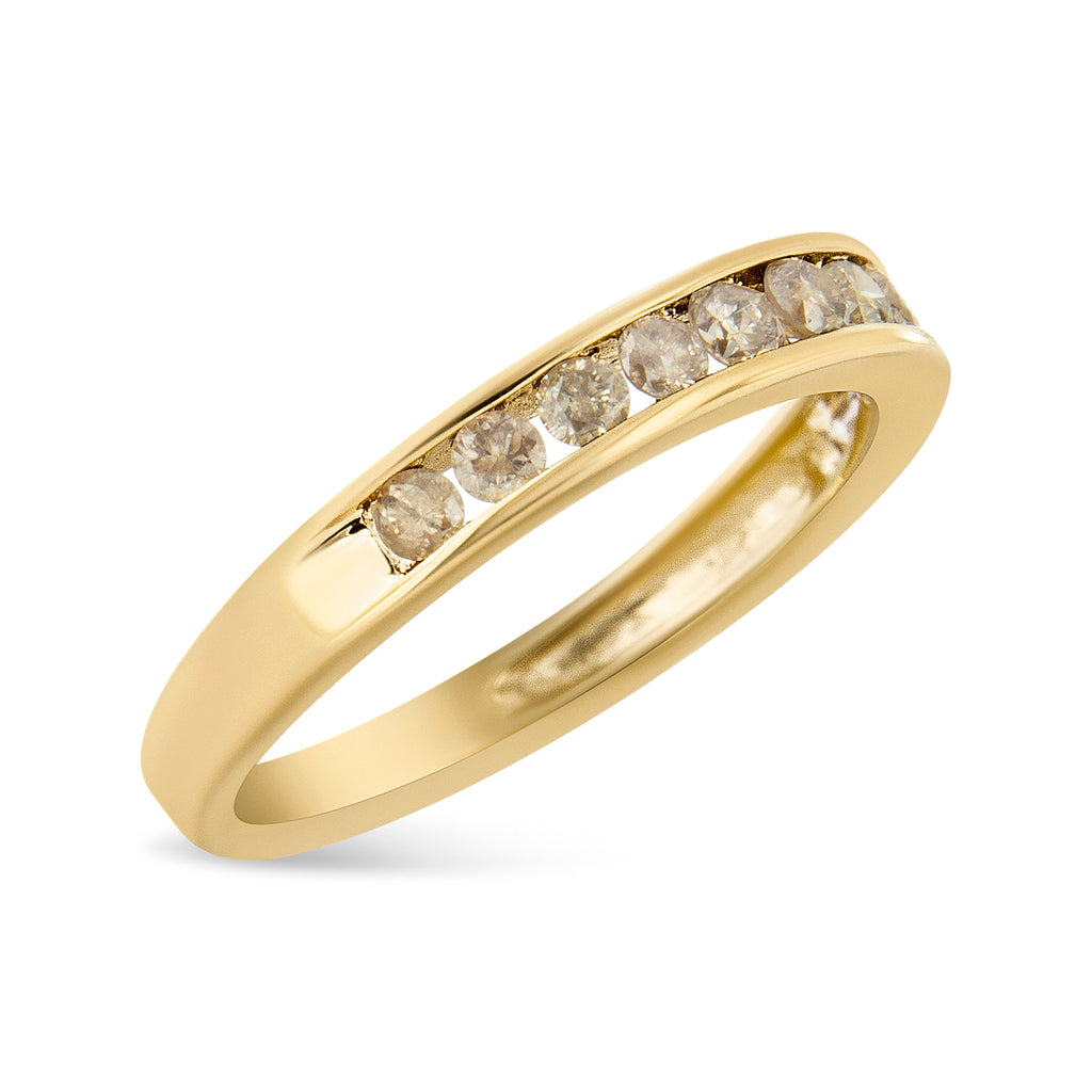 14K Yellow Gold Plated .925 Sterling Silver 1/2 Cttw Channel Set Round Champagne Diamond 11 Stone Band Ring (K-L Color, I1-I2 Clarity)