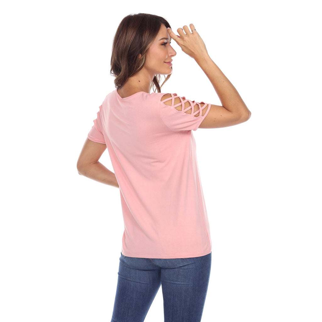 White Mark Women's Keyhole Neck Cutout Short Sleeve Top (7 Colors Available)