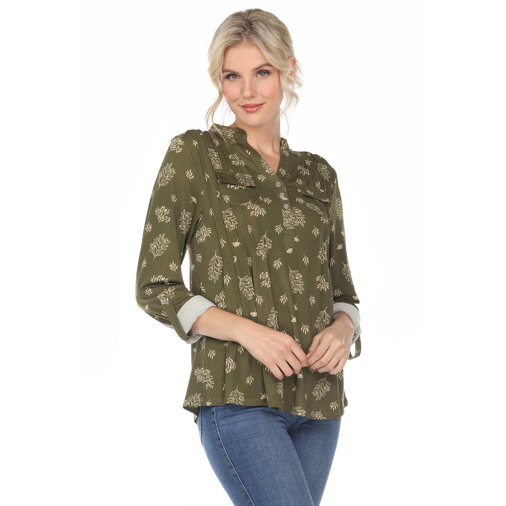 White Mark Women's Pleated Long Sleeve Leaf Print Blouse (4 Colors Available)