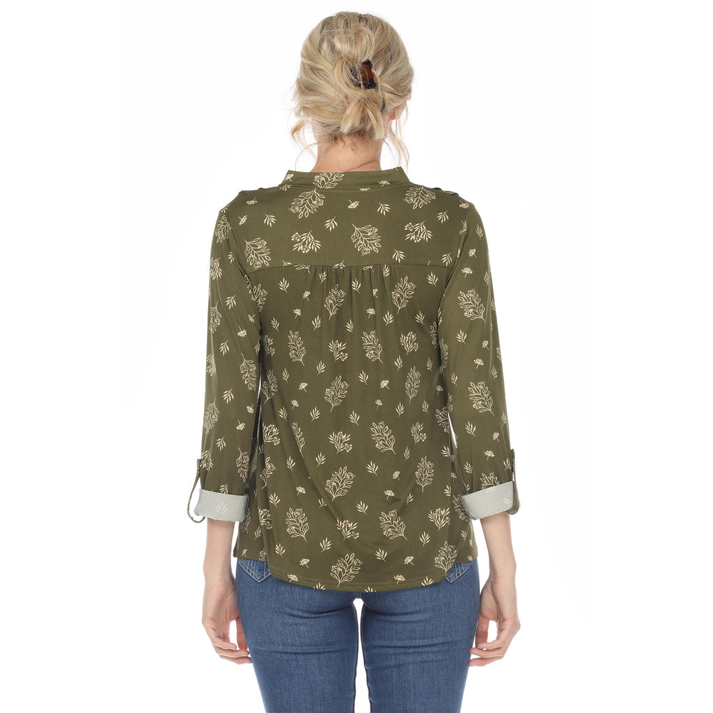 White Mark Women's Pleated Long Sleeve Leaf Print Blouse (4 Colors Available)