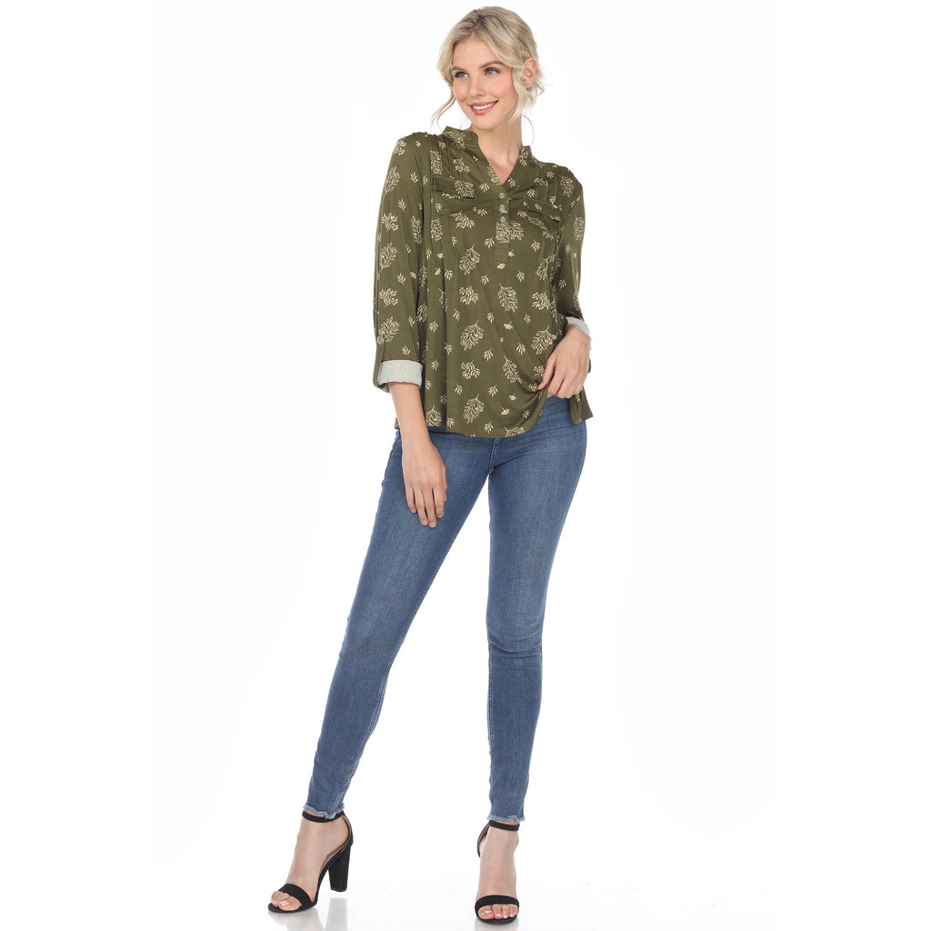 White Mark Women's Pleated Long Sleeve Leaf Print Blouse (4 Colors Available)