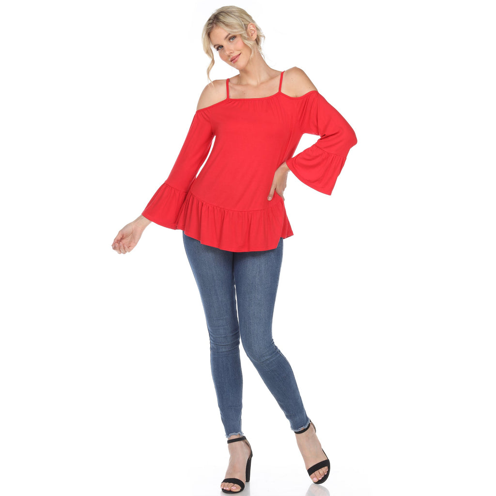 White Mark Women's Cold Shoulder Ruffle Sleeve Top (4 Colors Available)