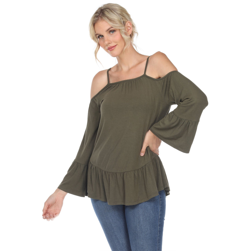 White Mark Women's Cold Shoulder Ruffle Sleeve Top (4 Colors Available)