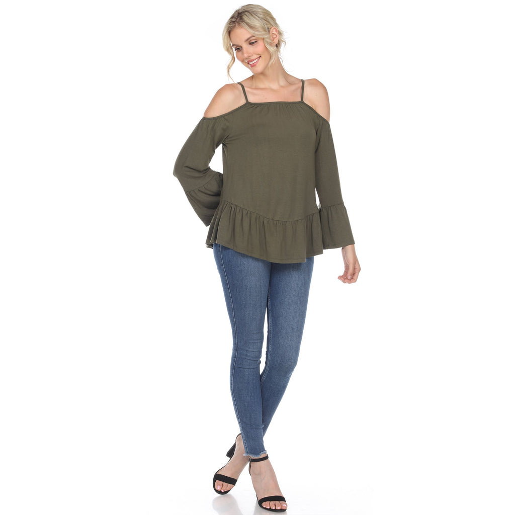 White Mark Women's Cold Shoulder Ruffle Sleeve Top (4 Colors Available)
