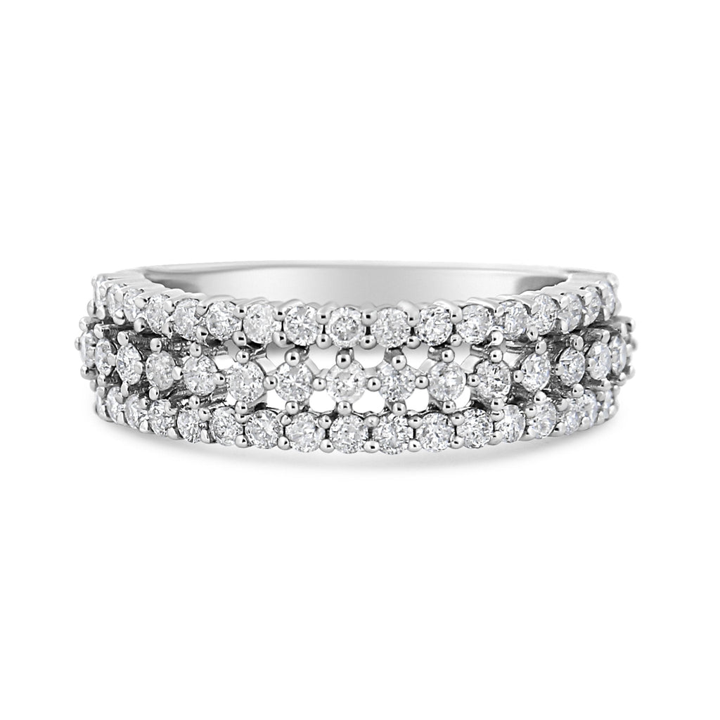 14K White Gold 1.0 Cttw Prong Set Round Diamond Split Shank Three Row Band Ring (H-I Color, I2-I3 Clarity)