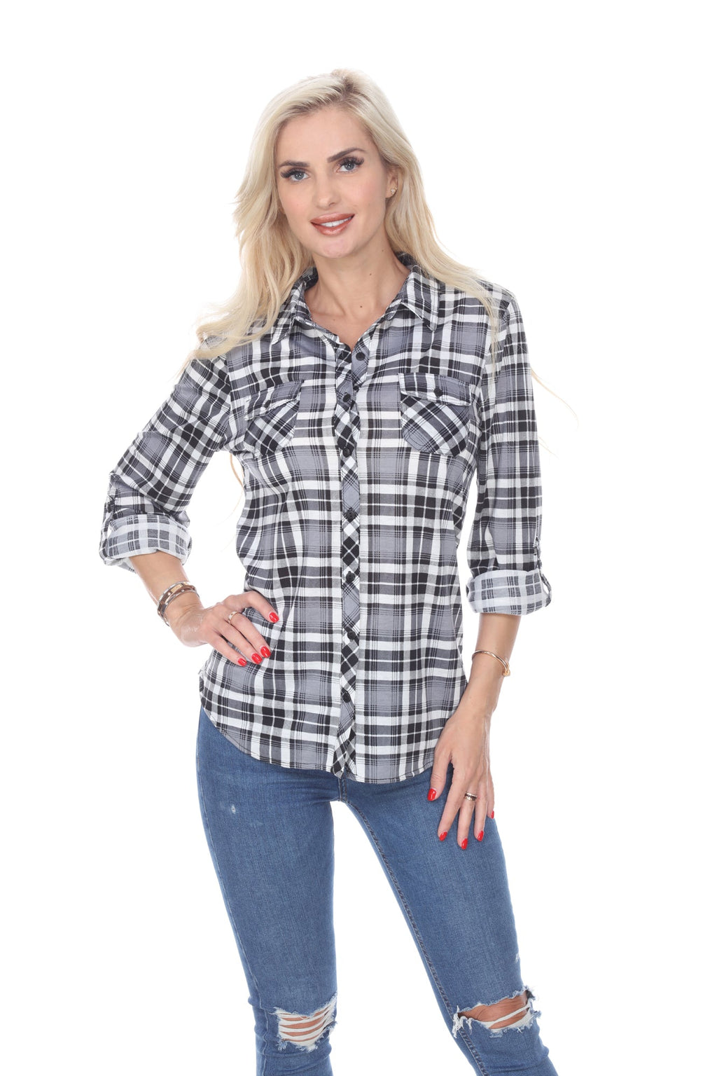 White Mark Women's Oakley Stretchy Plaid Top (9 Colors Available)