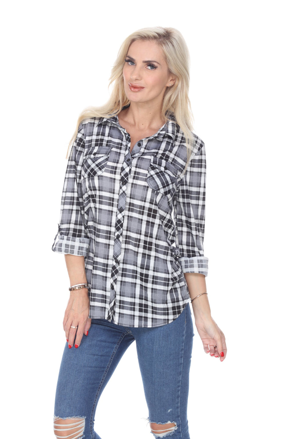 White Mark Women's Oakley Stretchy Plaid Top (9 Colors Available)