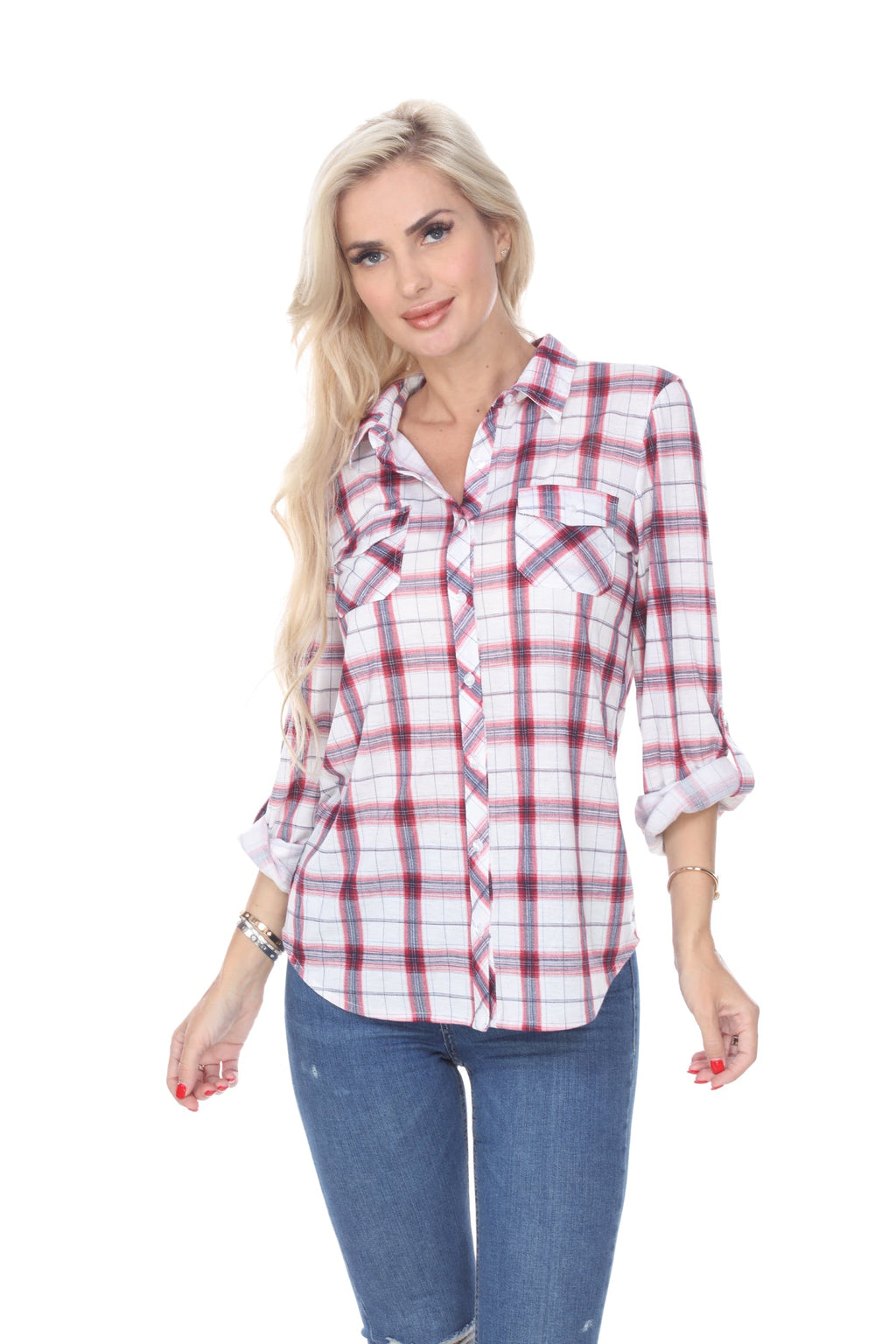 White Mark Women's Oakley Stretchy Plaid Top (9 Colors Available)