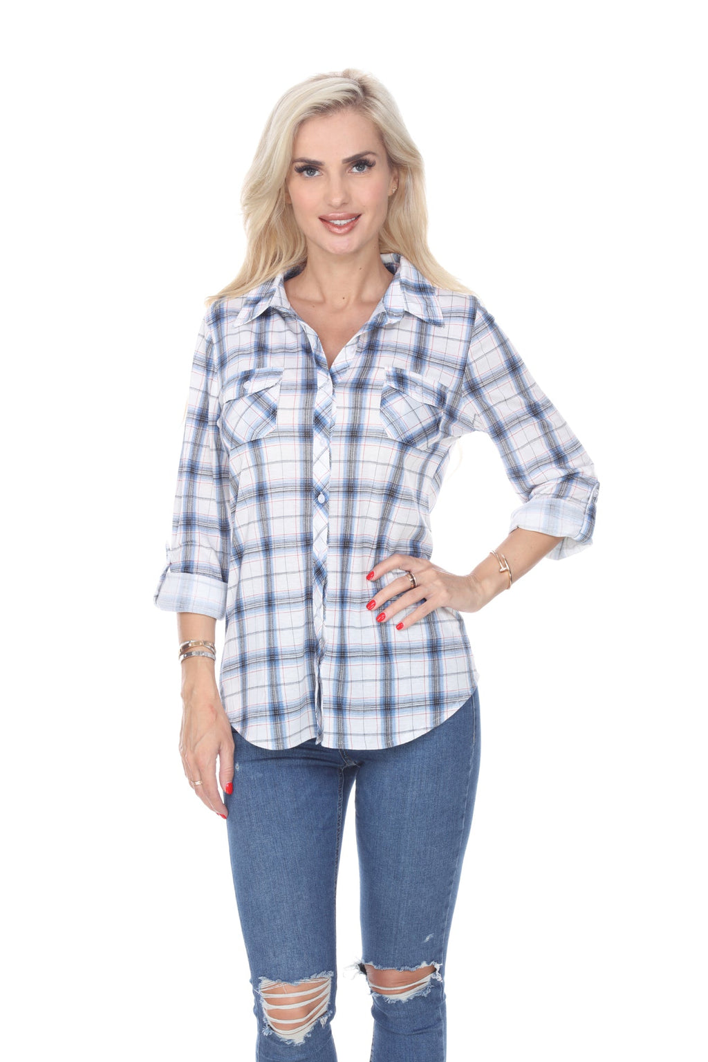 White Mark Women's Oakley Stretchy Plaid Top (9 Colors Available)