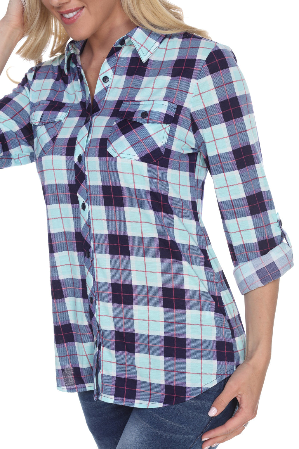 White Mark Women's Oakley Stretchy Plaid Top (9 Colors Available)