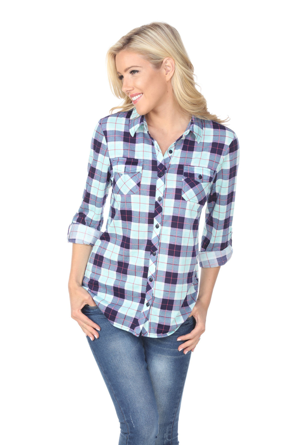 White Mark Women's Oakley Stretchy Plaid Top (9 Colors Available)