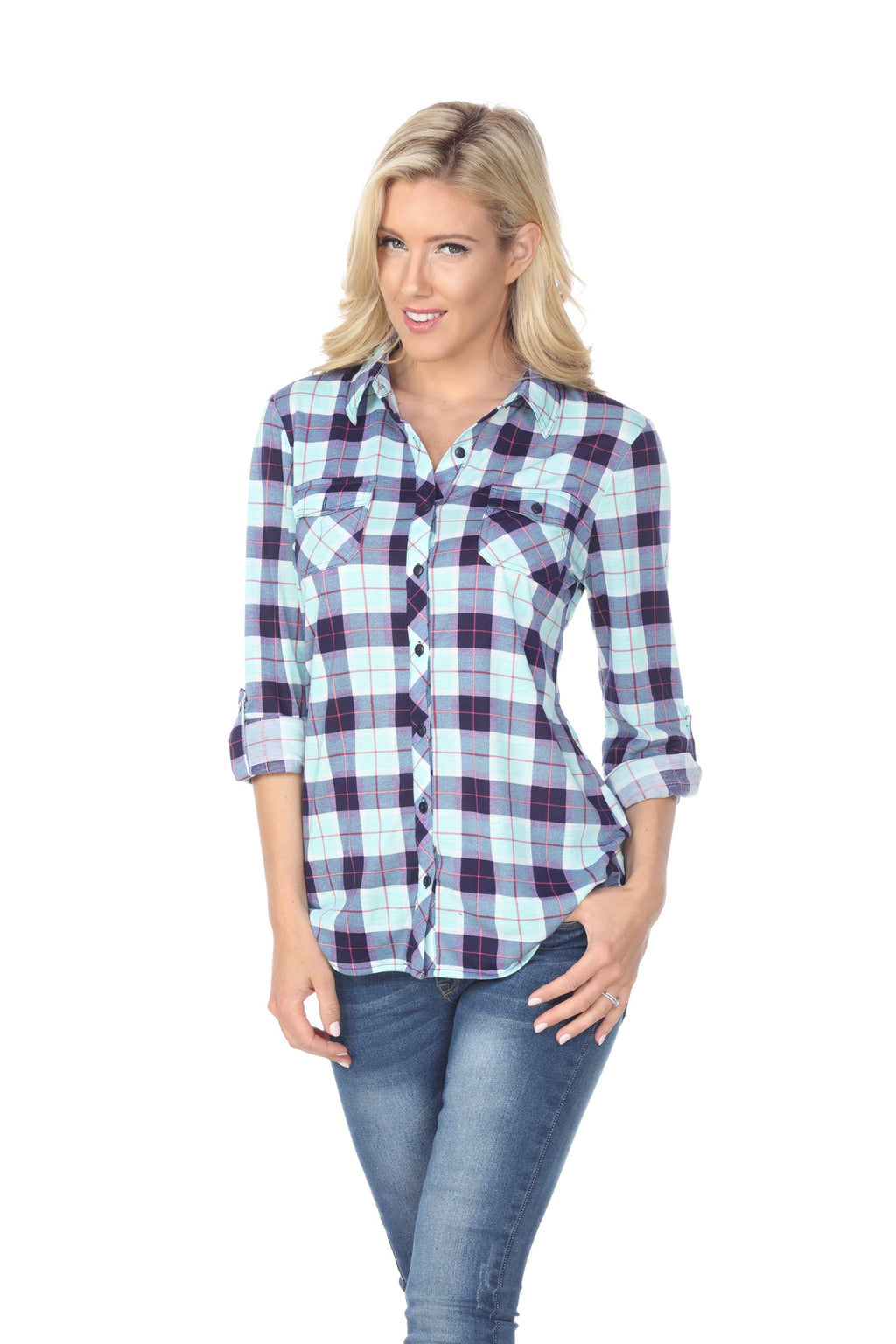 White Mark Women's Oakley Stretchy Plaid Top (9 Colors Available)