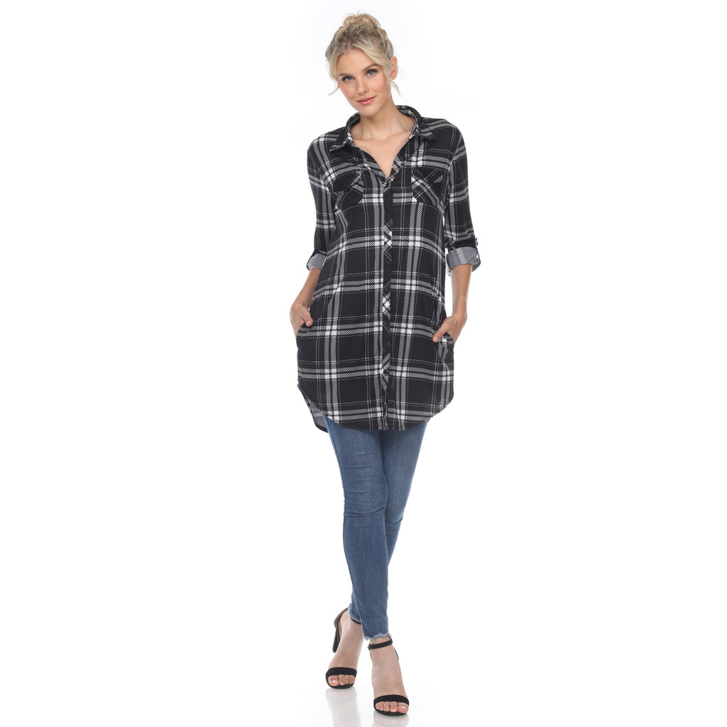 White Mark Women's Windowpane Plaid Tunic Shirt (6 Colors Available)