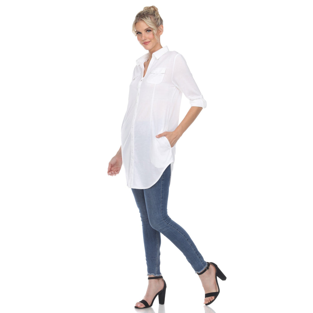 White Mark Women's Stretchy Button-Down Tunic (6 Colors Available)