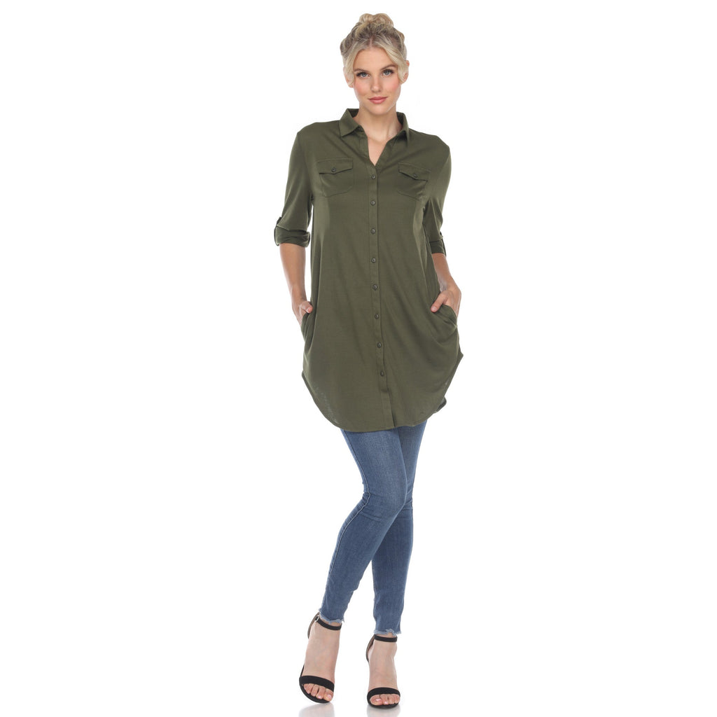 White Mark Women's Stretchy Button-Down Tunic (6 Colors Available)