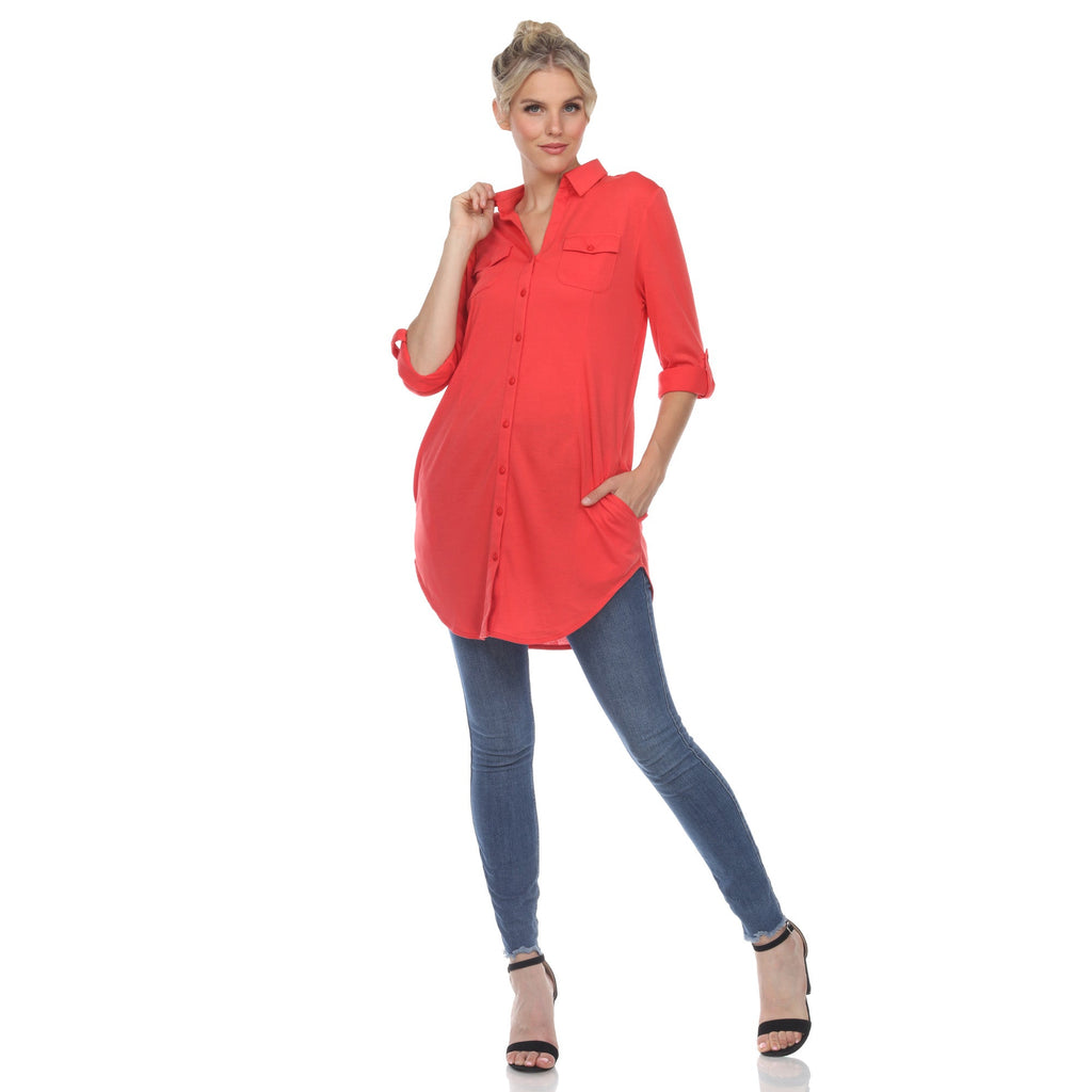 White Mark Women's Stretchy Button-Down Tunic (6 Colors Available)