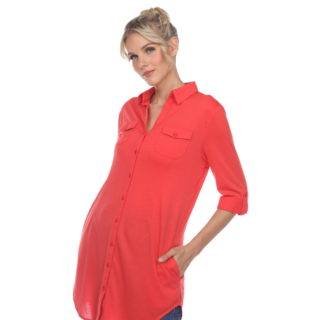 White Mark Women's Stretchy Button-Down Tunic (6 Colors Available)