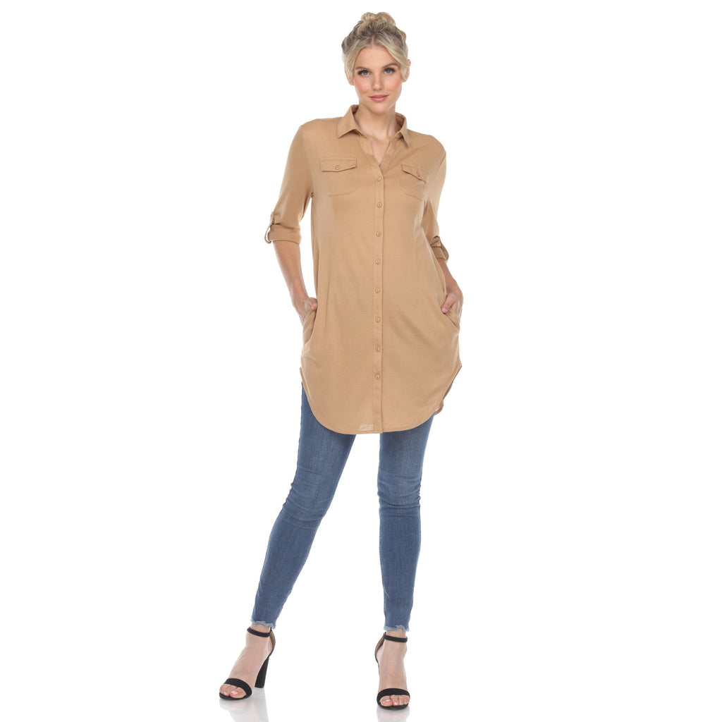 White Mark Women's Stretchy Button-Down Tunic (6 Colors Available)