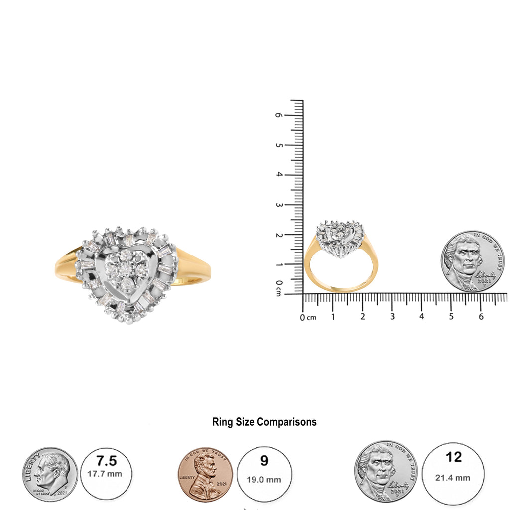 10K Yellow Gold 1/4 Cttw Round and Baguette cut Diamond Heart Shape Ballerina Ring (H-I Color, I1-I2 Clarity)