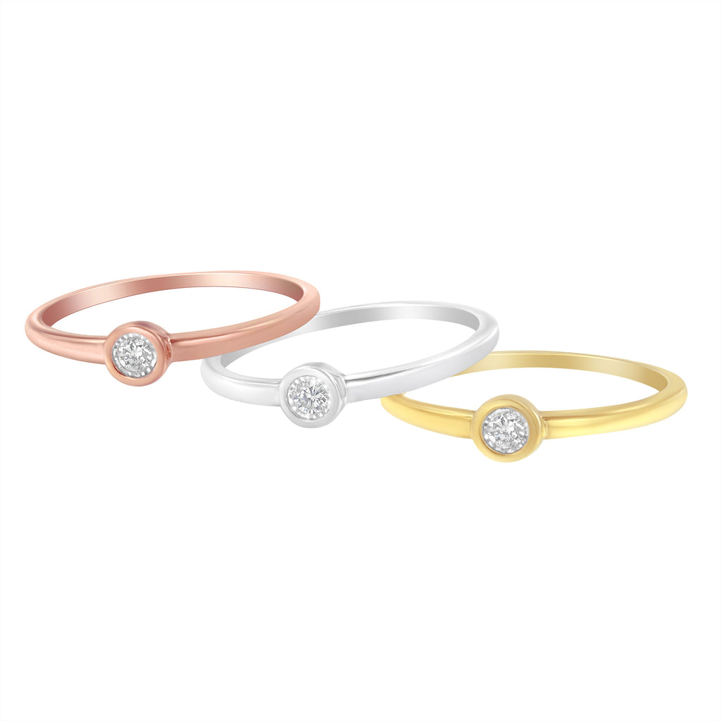 Tri-Color 14K Gold Plated .925 Sterling Silver 1/6 Cttw Round Miracle-Set Diamond Stacking Promise Ring Set (J-K Color, I1-I2 Clarity)