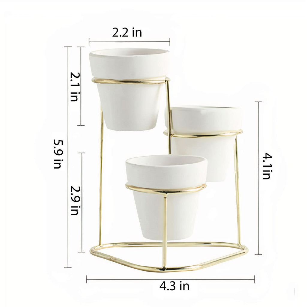 3 in 1 White Small Ceramic Planters on Metal Stand