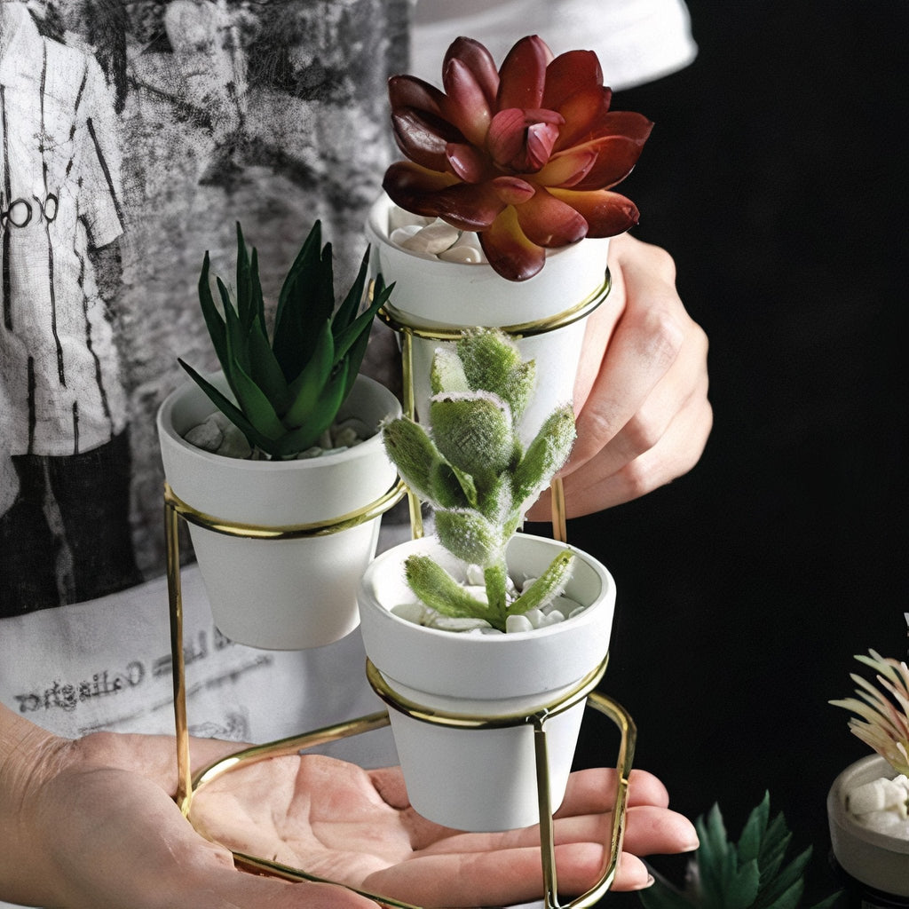 3 in 1 White Small Ceramic Planters on Metal Stand