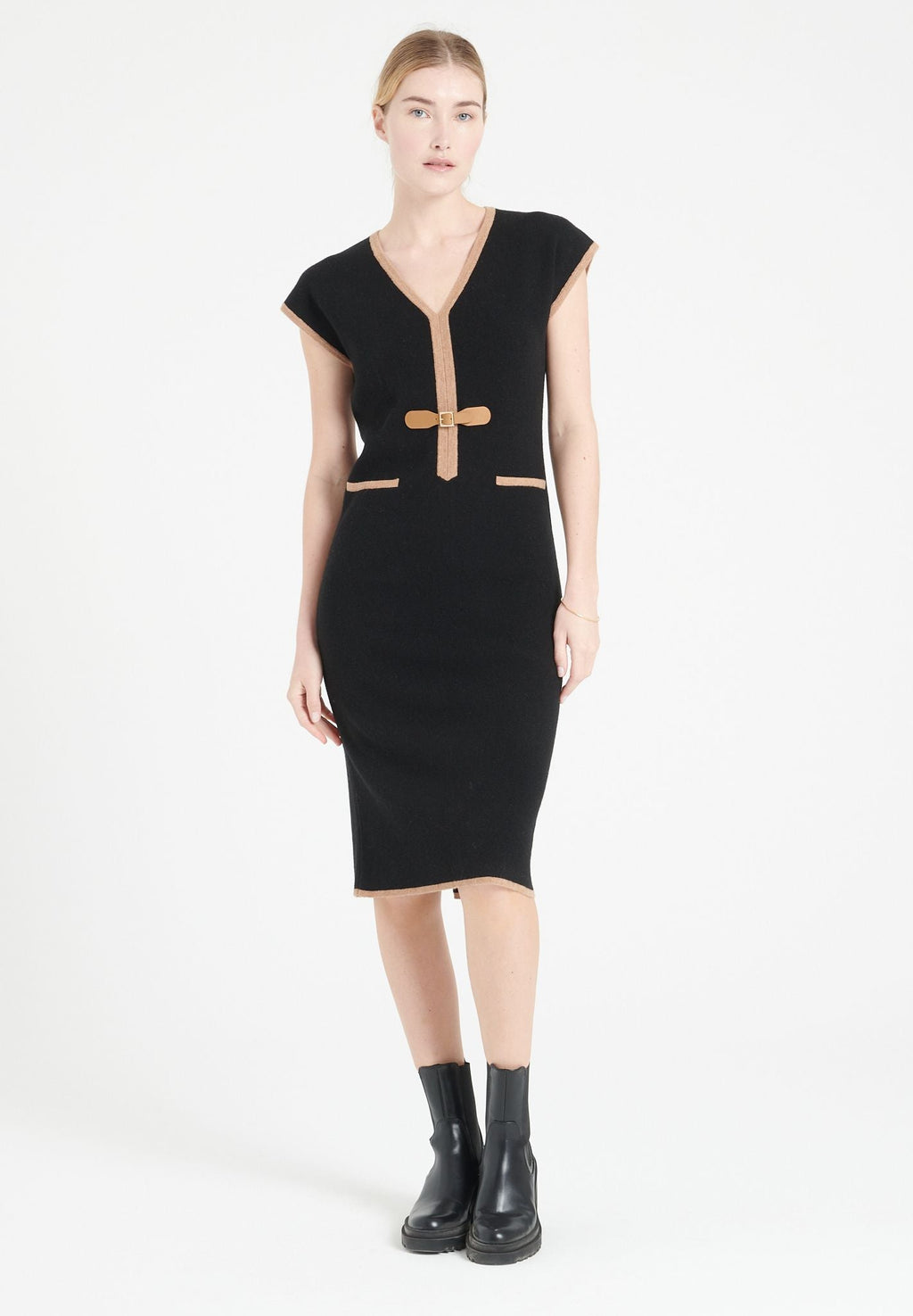 MIA 2 V-neck cashmere midi dress in black milano knit