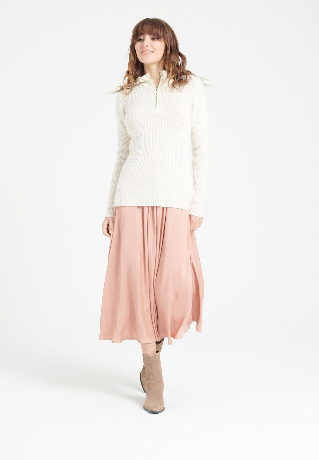 MIA 4 Ribbed cashmere zipped pullover with falbala collar, ecru white