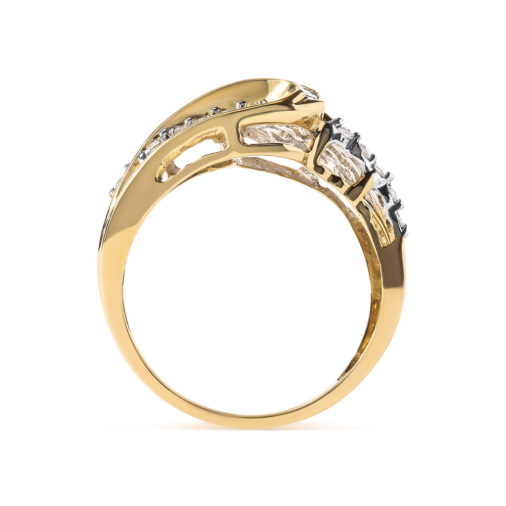 10K Yellow Gold 1/2 Cttw Round and Baguette cut Diamond Open Space Bypass Ring (H-I Color, SI2-I1 Clarity)