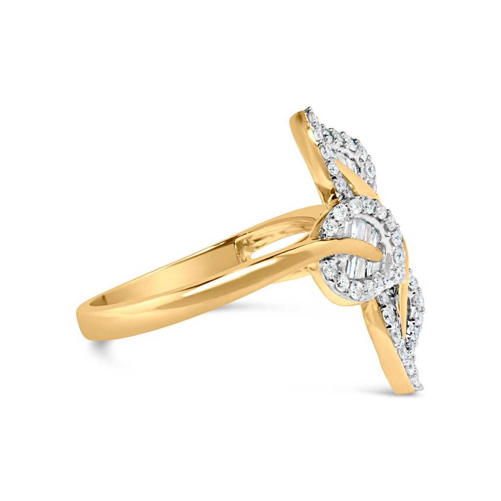 18K Yellow and White Gold Plated .925 Sterling Silver 3/8 Cttw Baguette and Round Diamond Bypass Triple Leaf Ring (I-J Color, I1-I2 Clarity)