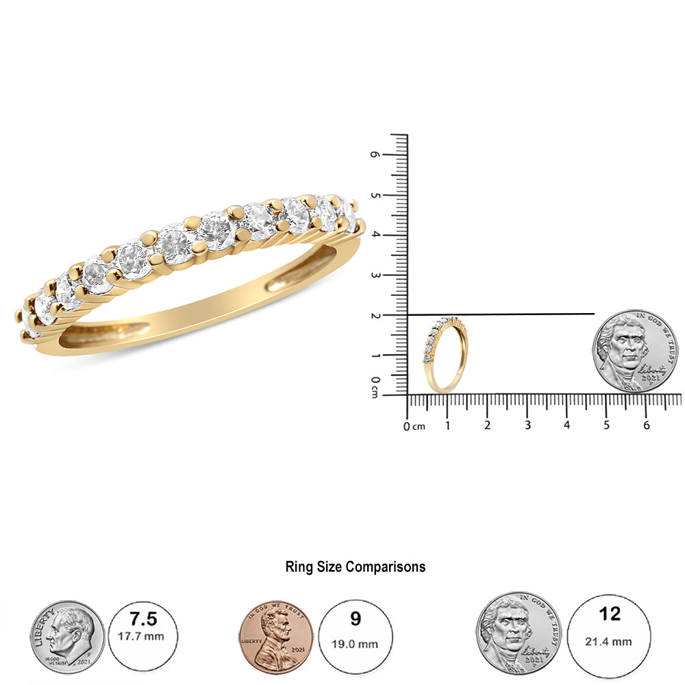 10K Yellow Gold Plated .925 Sterling Silver 1/2 Cttw Shared Prong-Set Champagne Brilliant Round Diamond 11 Stone Band Ring (K-L Color, I1-I2 Clarity)