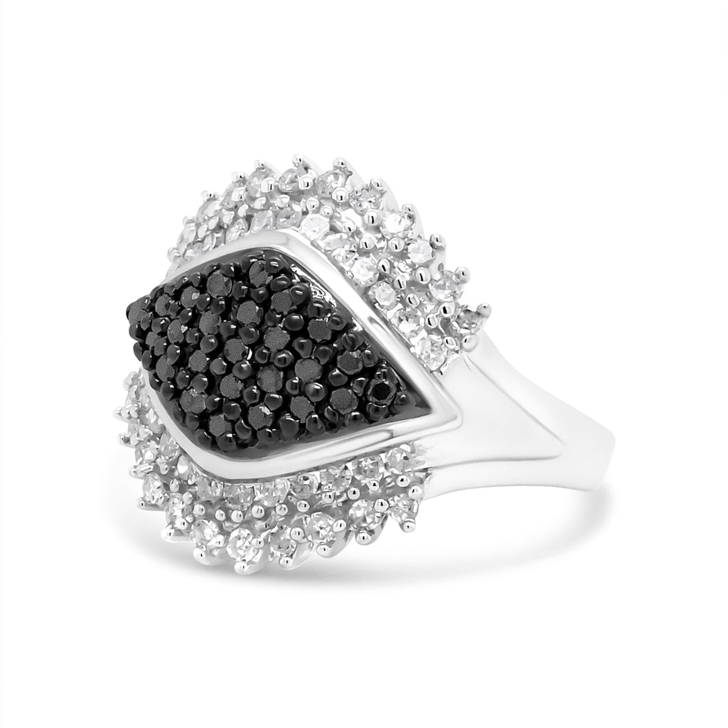 .925 Sterling Siler 1.00 Cttw White and Black Diamond Cluster Evil Eye Ring  (Black and I-J Color, I2-I3 Clarity)