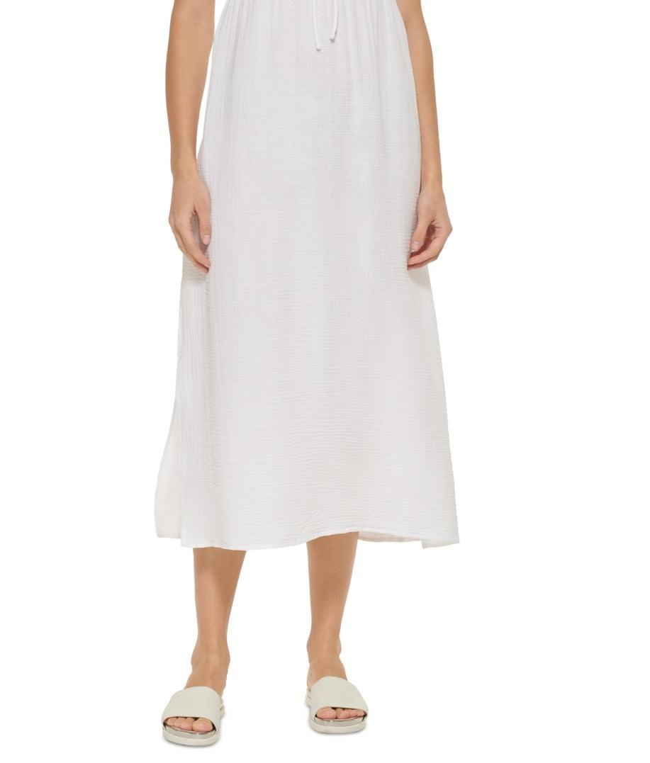 DKNY Women's V Neck Front Tie Maxi Dress Cover Up Swimsuit White Size Medium