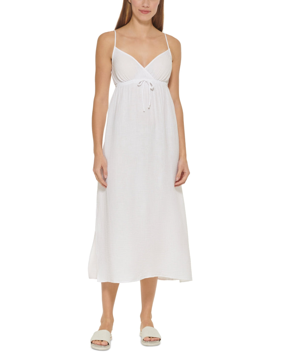 DKNY Women's V Neck Front Tie Maxi Dress Cover Up Swimsuit White Size Medium