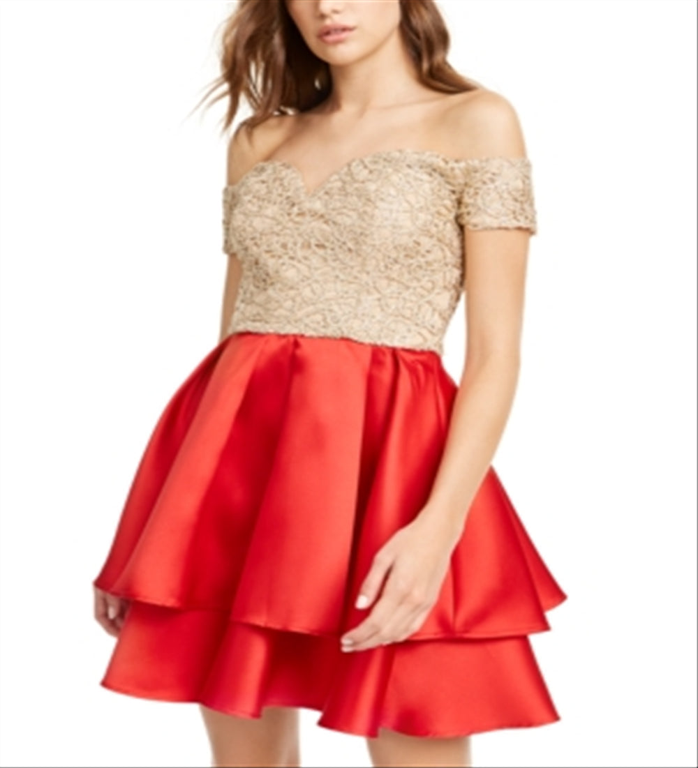 B Darlin Junior's Off The Shoulder Embroidered & Satin Dress Red Size 7-8