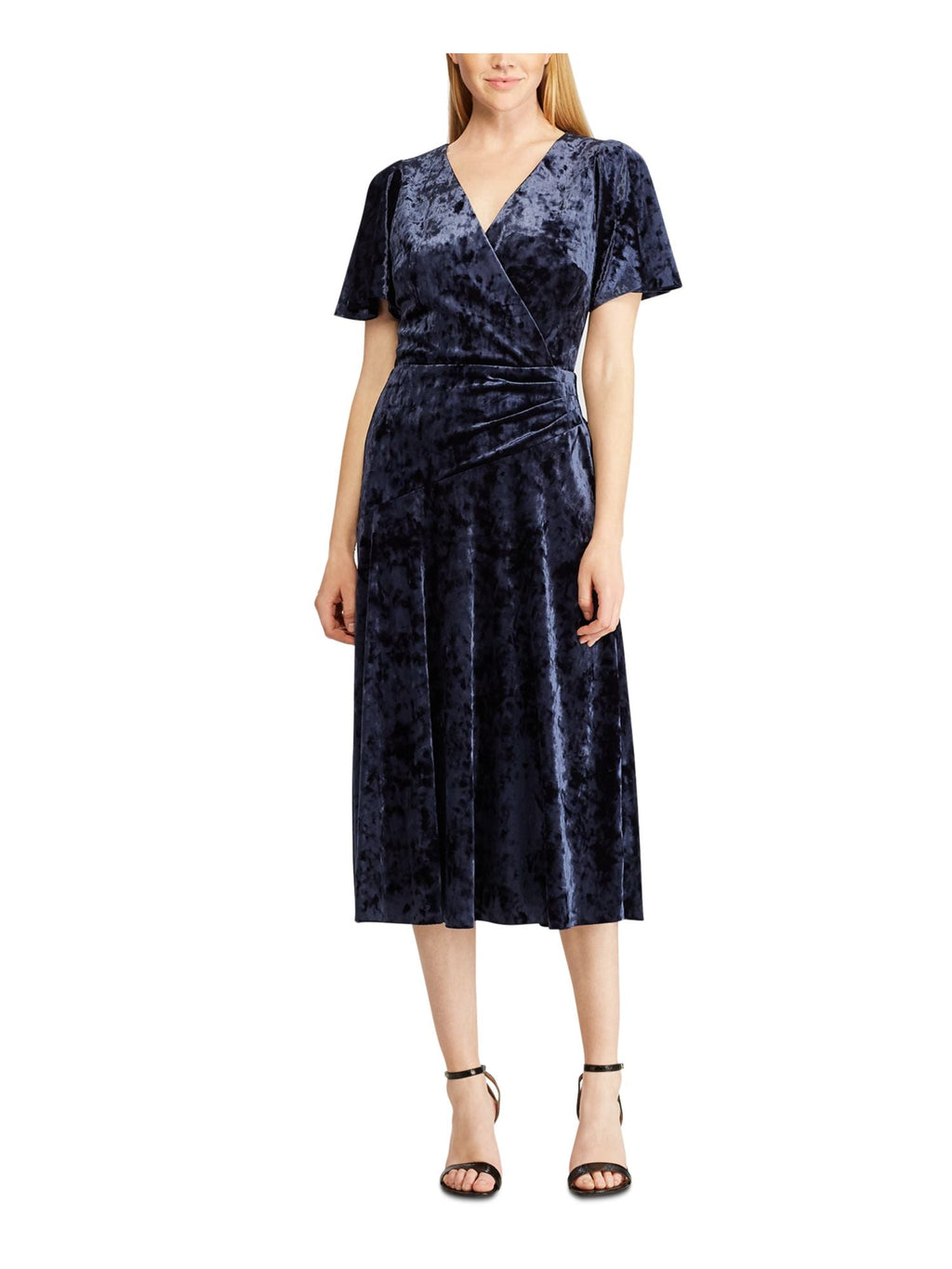 Ralph Lauren Women's Short Sleeve V Neck Midi Sheath Dress Blue Size 12