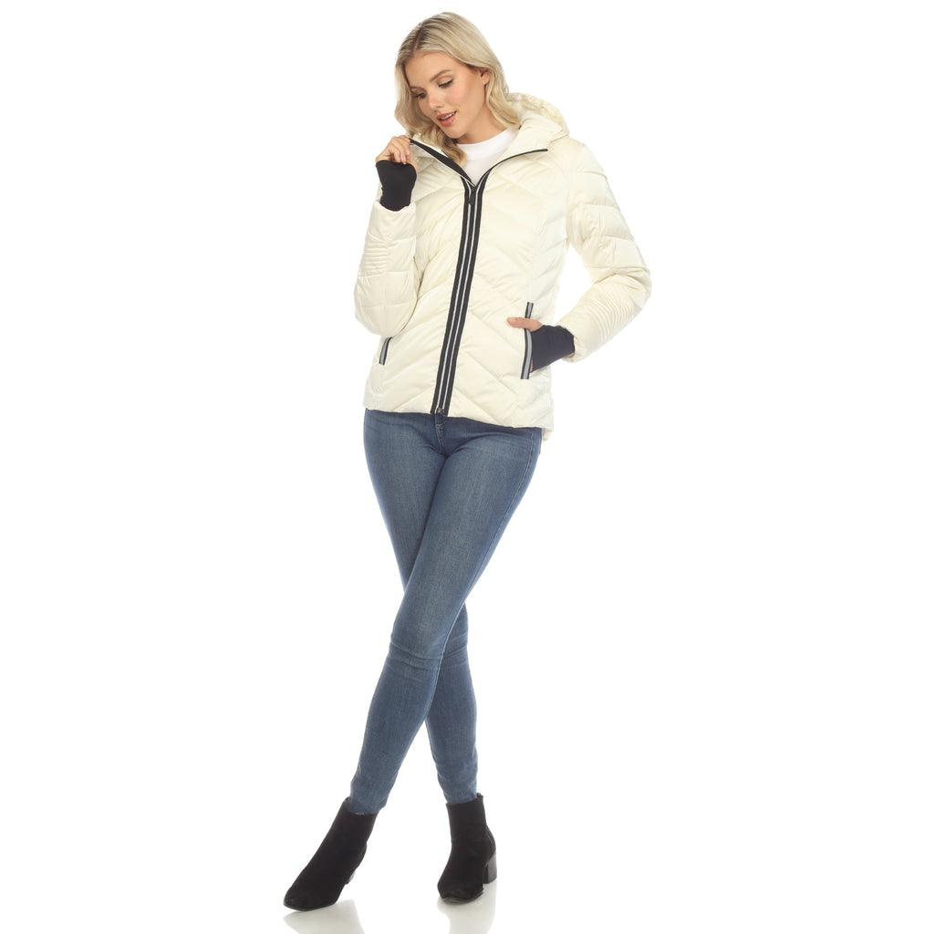 White Mark Women's Midweight Quilted Contrast With Thumbholes Hooded Jacket