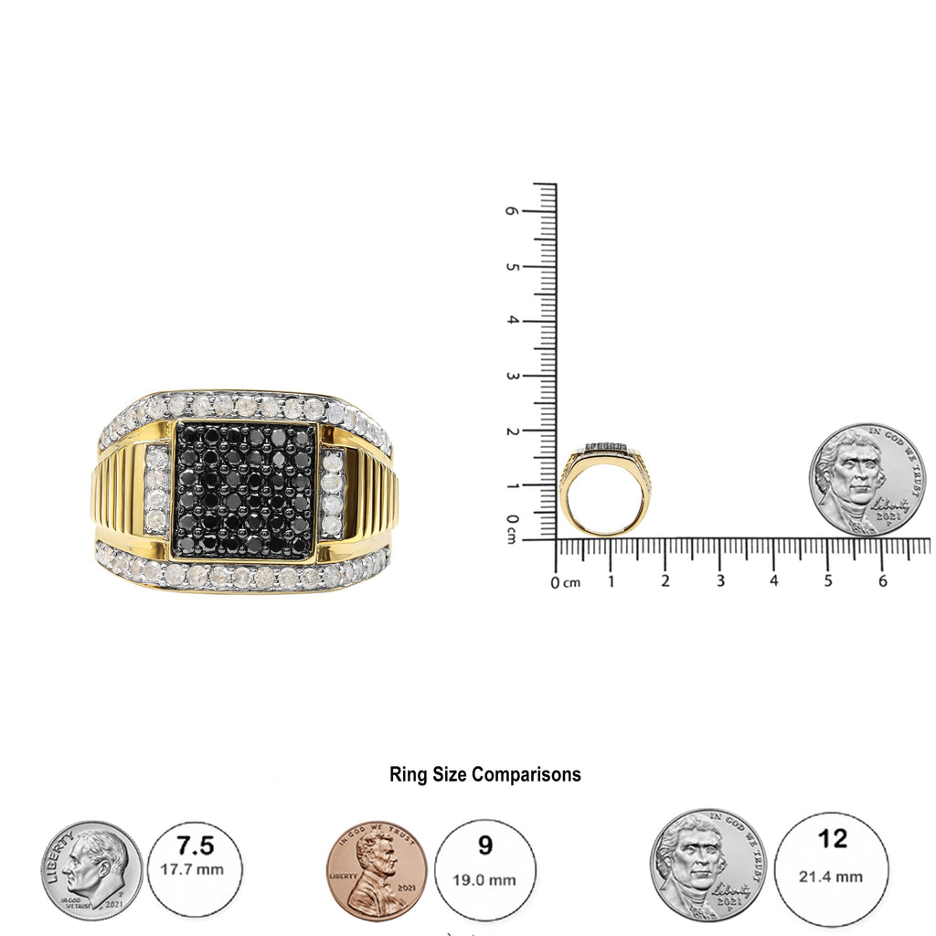 Men's 10K Yellow Gold 1 1/2 Cttw White and Black Treated Diamond Cluster Ring (Black / I-J Color, I2-I3 Clarity)