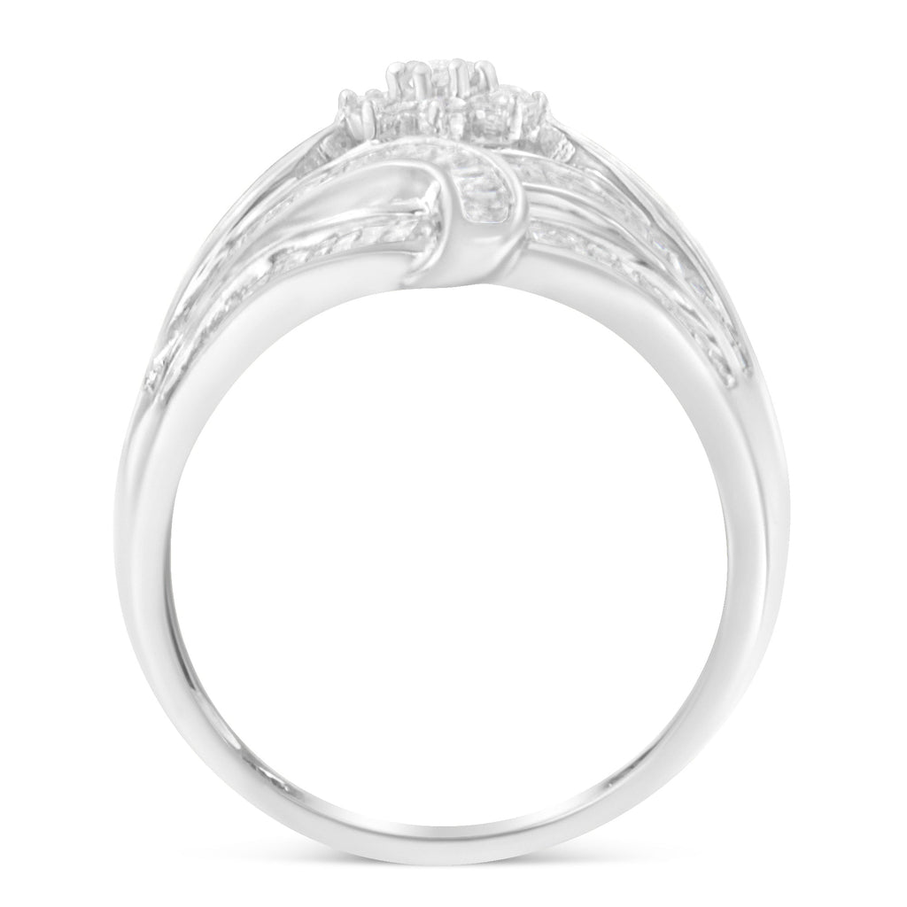 .925 Sterling Silver 1-1/8 Cttw Round & Baguette Diamond 'Flower & Fern' Cluster Cocktail Fashion Ring (I-J Color, I2-I3 Clarity)