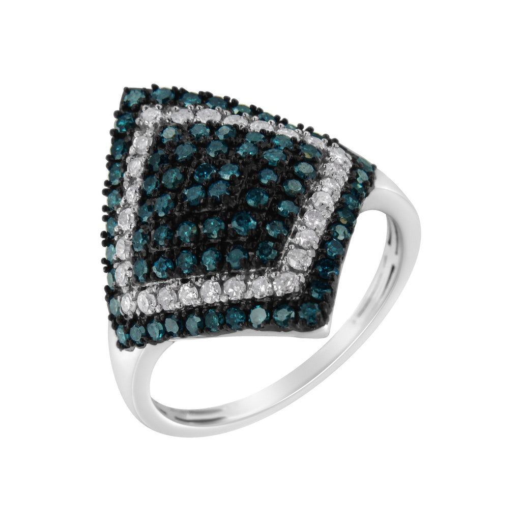 .925 Sterling Silver 1 cttw White and Treated Blue Diamond Rhombus Cocktail Ring (Blue, I3)