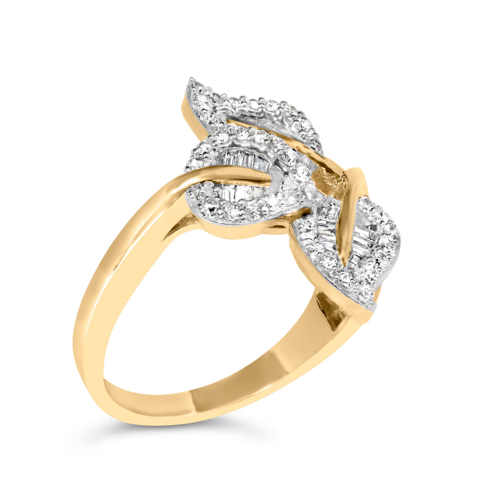 18K Yellow and White Gold Plated .925 Sterling Silver 3/8 Cttw Baguette and Round Diamond Bypass Triple Leaf Ring (I-J Color, I1-I2 Clarity)